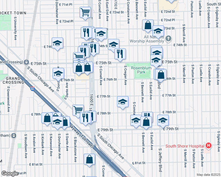 map of restaurants, bars, coffee shops, grocery stores, and more near 7646 South East End Avenue in Chicago