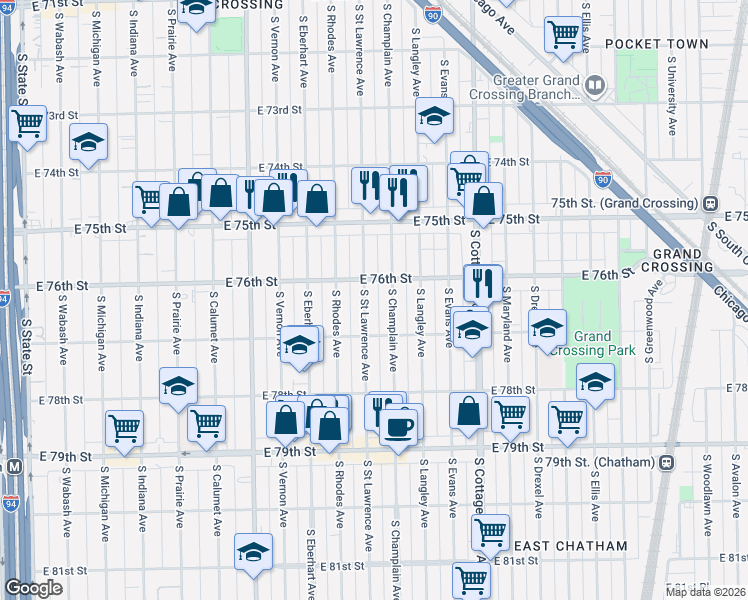 map of restaurants, bars, coffee shops, grocery stores, and more near 7636 South Saint Lawrence Avenue in Chicago