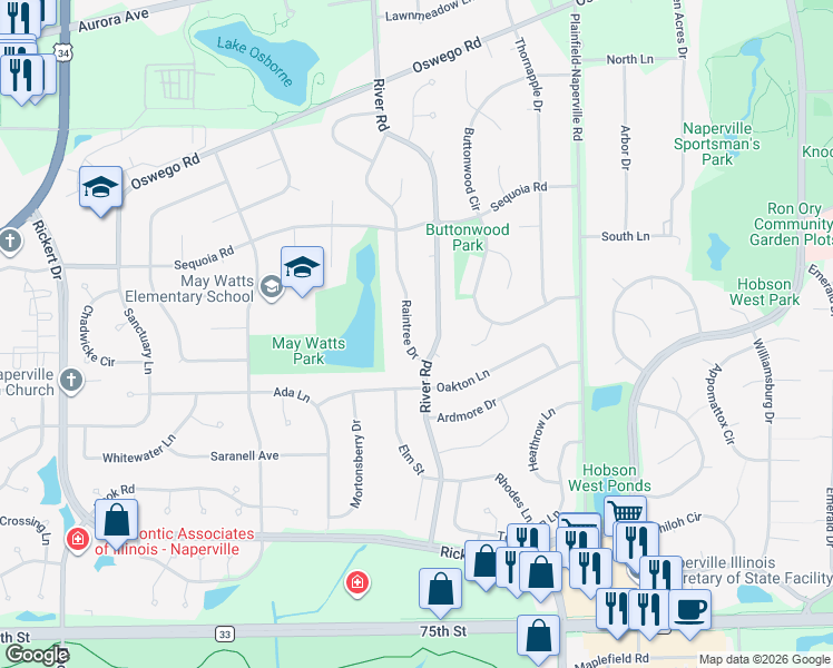 map of restaurants, bars, coffee shops, grocery stores, and more near 860 Raintree Drive in Naperville