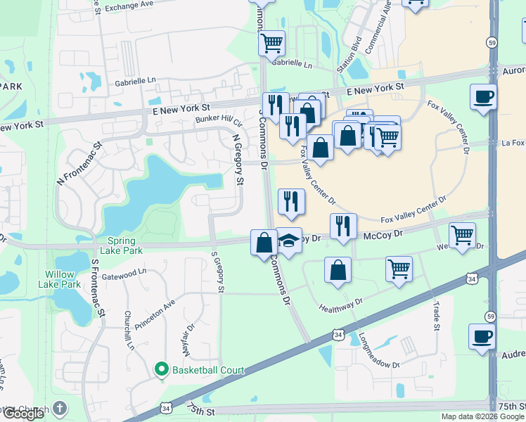 map of restaurants, bars, coffee shops, grocery stores, and more near 177 South Commons Drive in Aurora