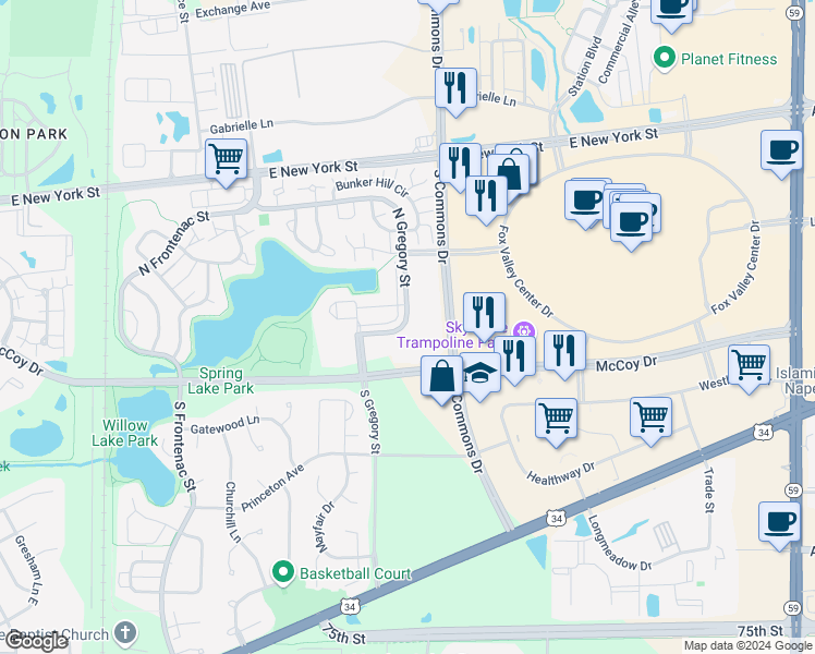 map of restaurants, bars, coffee shops, grocery stores, and more near 193 North Gregory Street in Aurora