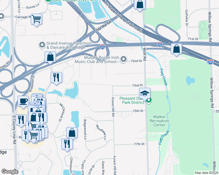 map of restaurants, bars, coffee shops, grocery stores, and more near 7406 Forest Hill Road in Burr Ridge