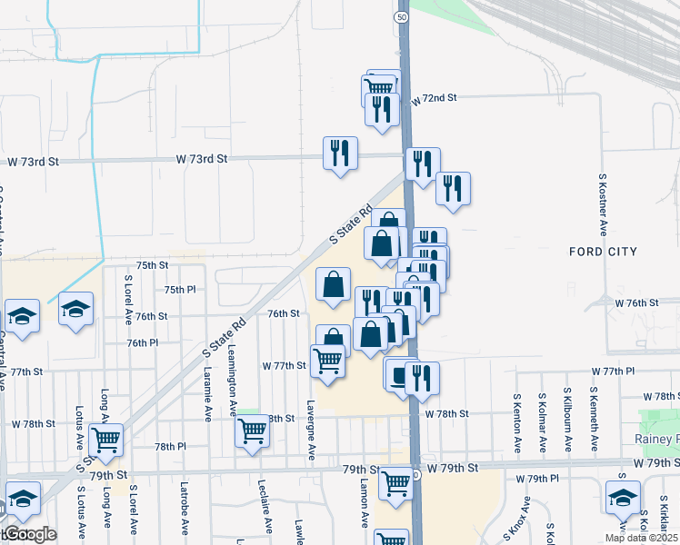 map of restaurants, bars, coffee shops, grocery stores, and more near 7608 South La Crosse Avenue in Burbank