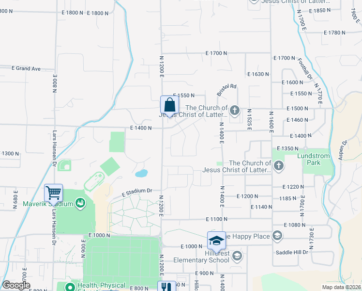 map of restaurants, bars, coffee shops, grocery stores, and more near 1341 North 1250 East in Logan
