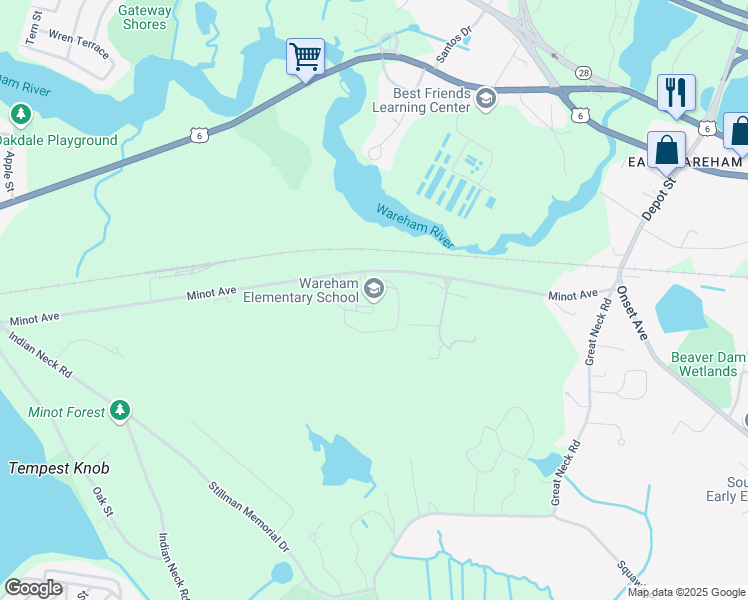 map of restaurants, bars, coffee shops, grocery stores, and more near 63 Minot Avenue in Wareham