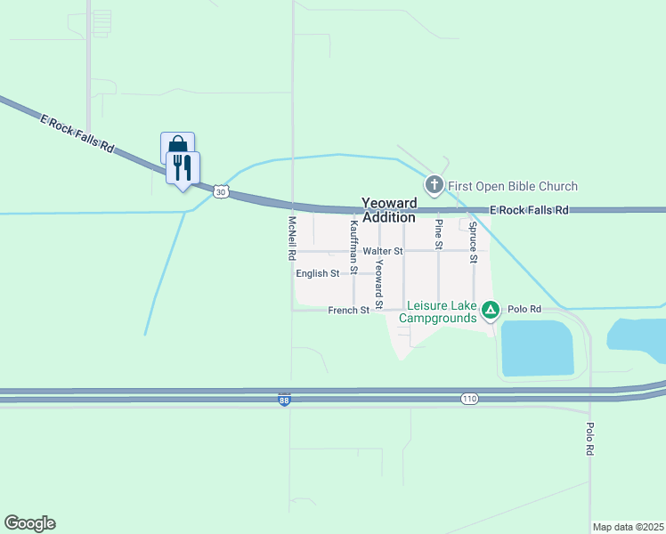 map of restaurants, bars, coffee shops, grocery stores, and more near 1704 English Street in Rock Falls