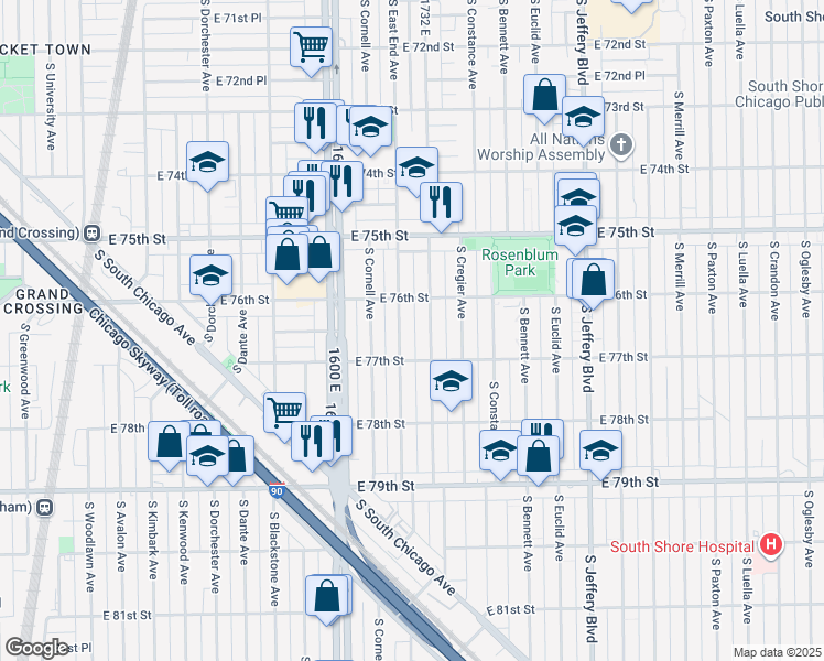map of restaurants, bars, coffee shops, grocery stores, and more near 7646 South East End Avenue in Chicago