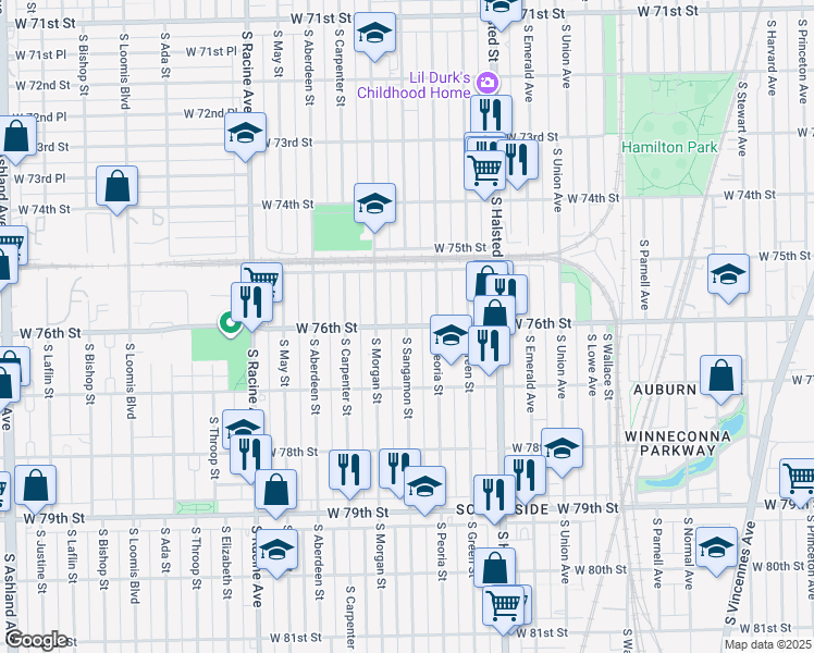 map of restaurants, bars, coffee shops, grocery stores, and more near W 76th St & S Sangamon St in Chicago