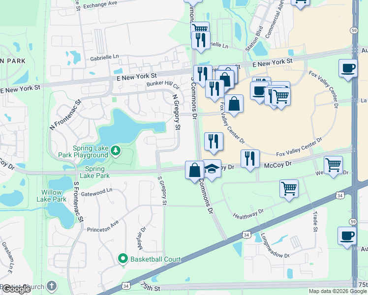 map of restaurants, bars, coffee shops, grocery stores, and more near 193 North Gregory Street in Aurora