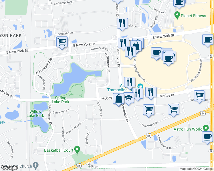 map of restaurants, bars, coffee shops, grocery stores, and more near 193 North Gregory Street in Aurora