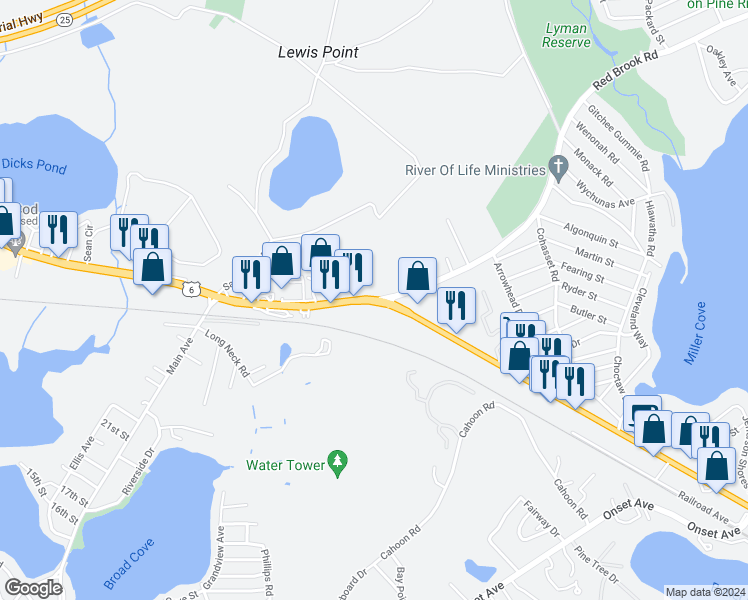 map of restaurants, bars, coffee shops, grocery stores, and more near 3102 Cranberry Hwy in Wareham