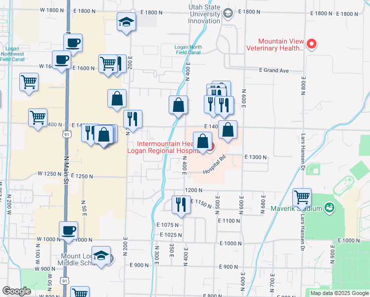 map of restaurants, bars, coffee shops, grocery stores, and more near 1359 North 400 East in Logan