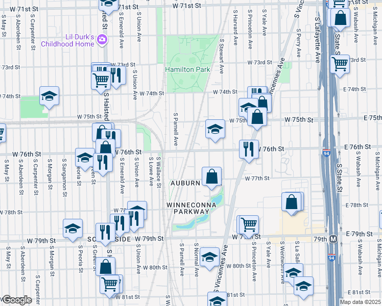 map of restaurants, bars, coffee shops, grocery stores, and more near 7600 South Normal Avenue in Chicago