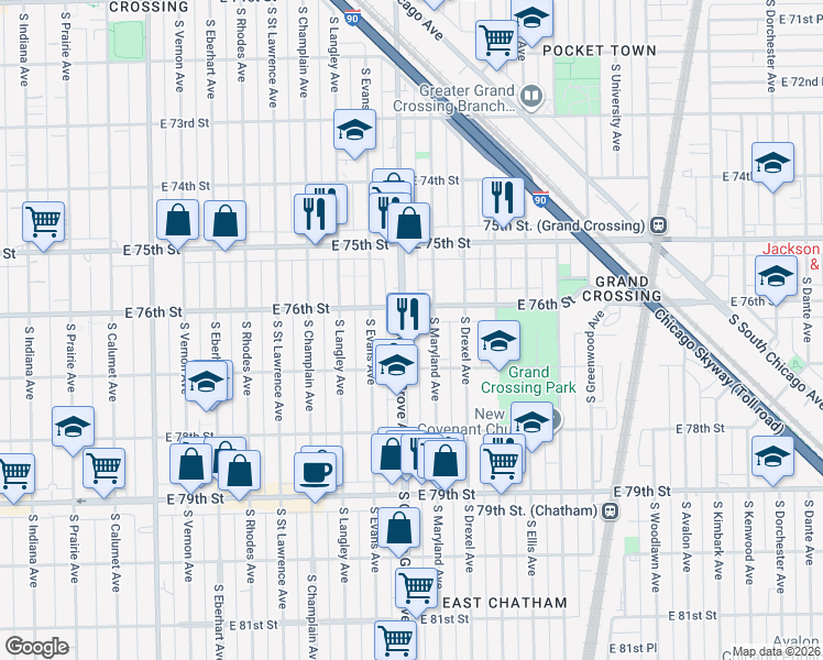map of restaurants, bars, coffee shops, grocery stores, and more near 7638 South Maryland Avenue in Chicago