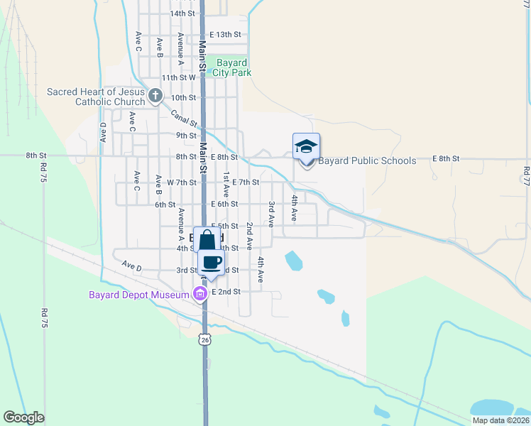 map of restaurants, bars, coffee shops, grocery stores, and more near 410 East 5th Street in Bayard