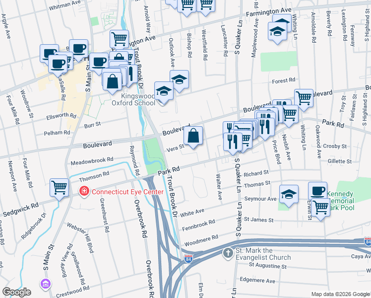map of restaurants, bars, coffee shops, grocery stores, and more near 430 Park Road in West Hartford