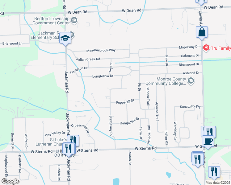 map of restaurants, bars, coffee shops, grocery stores, and more near 1460 Pepperell Drive in Temperance