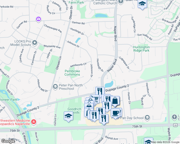 map of restaurants, bars, coffee shops, grocery stores, and more near 1157 Johnson Drive in Naperville