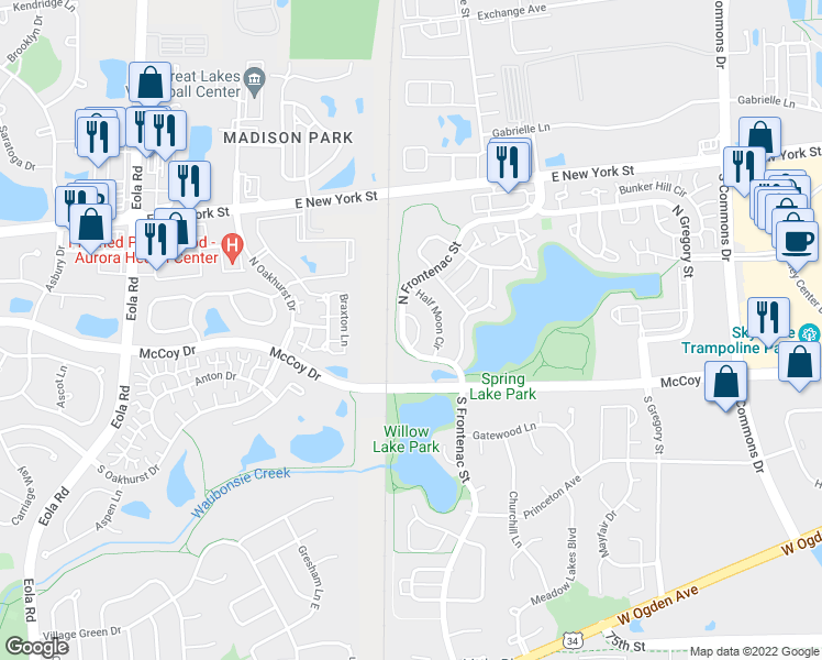 map of restaurants, bars, coffee shops, grocery stores, and more near 154 Half Moon Circle in Aurora