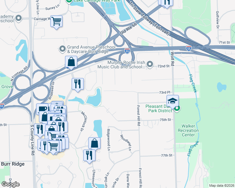 map of restaurants, bars, coffee shops, grocery stores, and more near 11475 73rd Place in Burr Ridge
