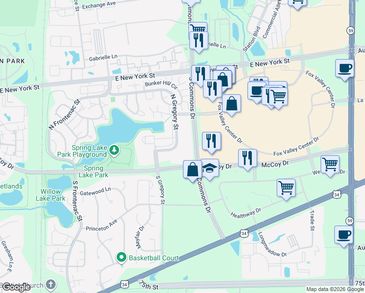 map of restaurants, bars, coffee shops, grocery stores, and more near 193 North Gregory Street in Aurora