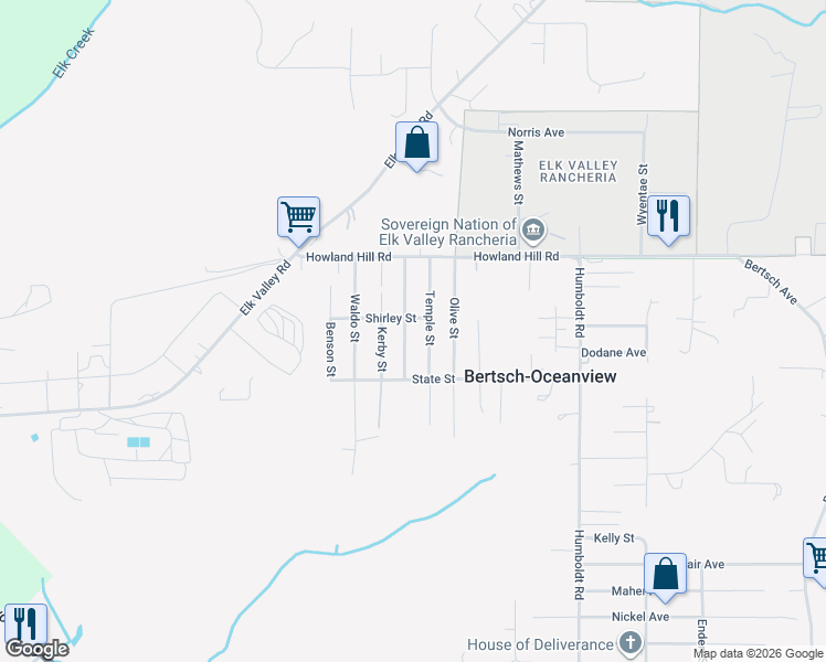 map of restaurants, bars, coffee shops, grocery stores, and more near 230 Temple Street in Crescent City