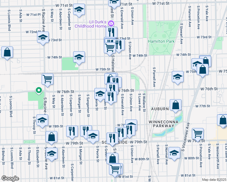 map of restaurants, bars, coffee shops, grocery stores, and more near S Halsted St & W 76th St in Chicago