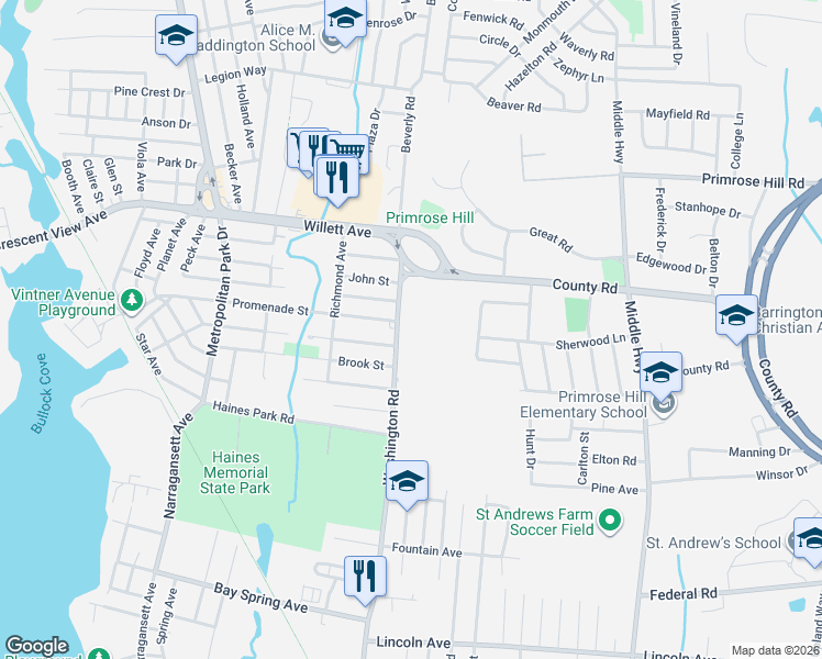 map of restaurants, bars, coffee shops, grocery stores, and more near 42 Washington Road in Barrington