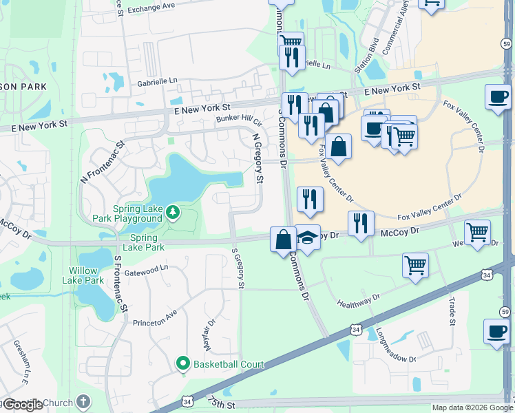 map of restaurants, bars, coffee shops, grocery stores, and more near 194 North Gregory Street in Aurora