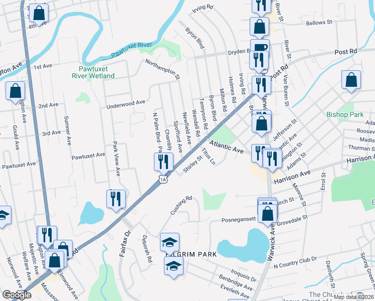 map of restaurants, bars, coffee shops, grocery stores, and more near 143 Spofford Avenue in Warwick