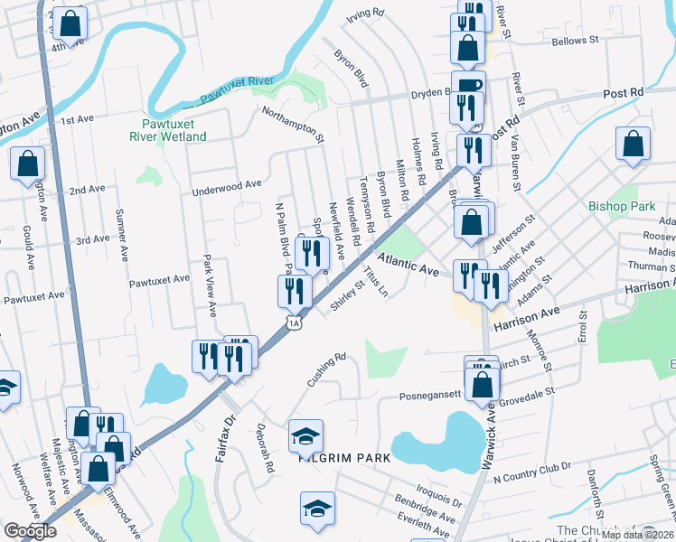 map of restaurants, bars, coffee shops, grocery stores, and more near 143 Spofford Avenue in Warwick