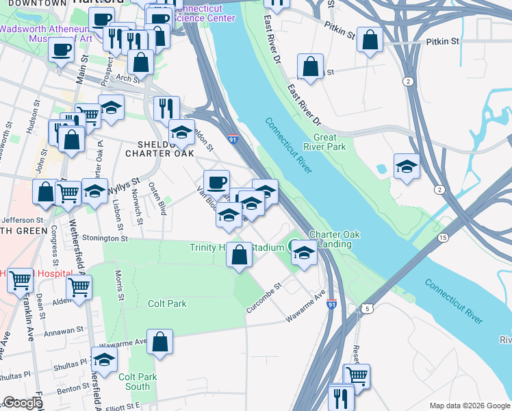 map of restaurants, bars, coffee shops, grocery stores, and more near 140 Huyshope Avenue in Hartford