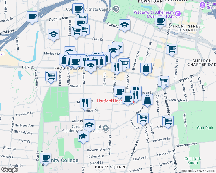 map of restaurants, bars, coffee shops, grocery stores, and more near 206 Jefferson Street in Hartford