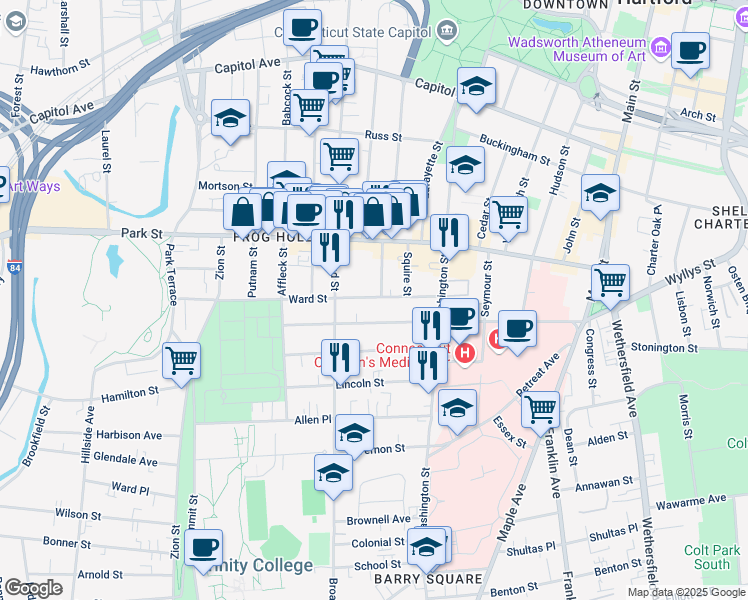 map of restaurants, bars, coffee shops, grocery stores, and more near 246 Jefferson Street in Hartford