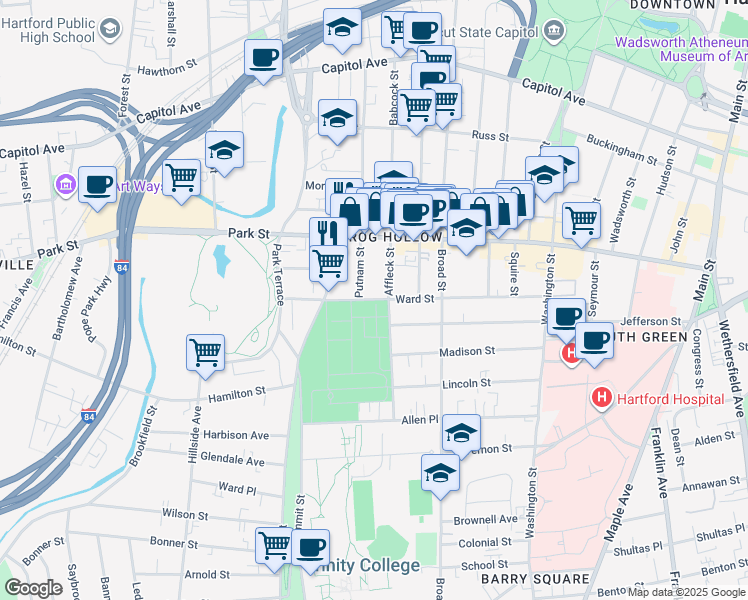map of restaurants, bars, coffee shops, grocery stores, and more near 151 Ward Street in Hartford
