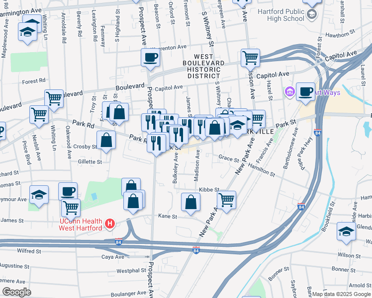 map of restaurants, bars, coffee shops, grocery stores, and more near 18 Bulkeley Avenue in Hartford