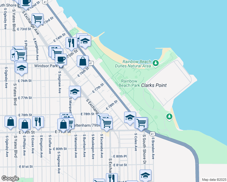 map of restaurants, bars, coffee shops, grocery stores, and more near 7741 South South Shore Drive in Chicago