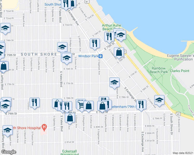 map of restaurants, bars, coffee shops, grocery stores, and more near 2608 East 77th Street in Chicago
