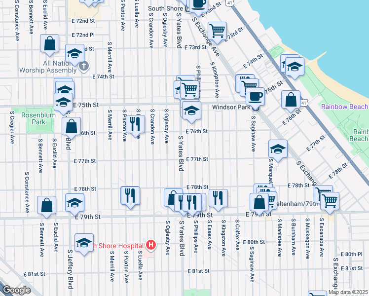 map of restaurants, bars, coffee shops, grocery stores, and more near 2418 East 77th Street in Chicago