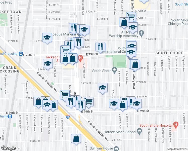 map of restaurants, bars, coffee shops, grocery stores, and more near 7646 South East End Avenue in Chicago