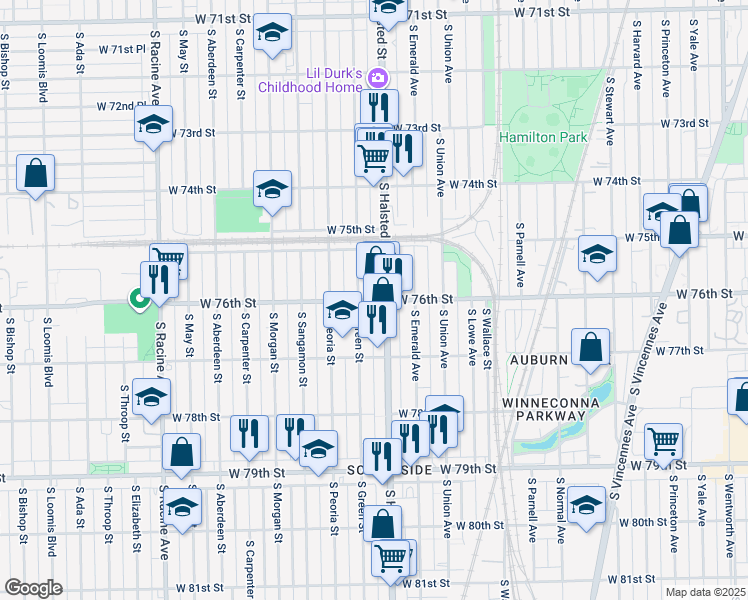 map of restaurants, bars, coffee shops, grocery stores, and more near 7621 South Green Street in Chicago