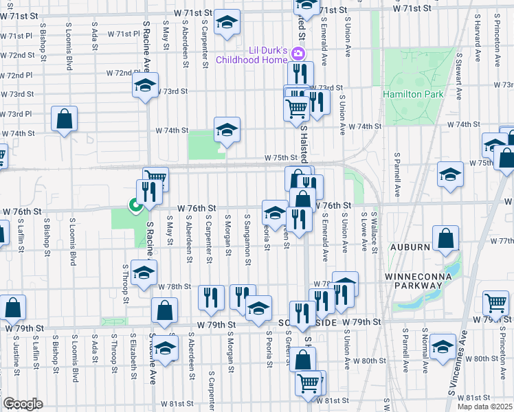 map of restaurants, bars, coffee shops, grocery stores, and more near 7617 South Peoria Street in Chicago