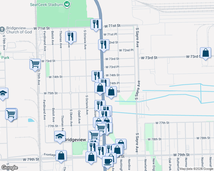map of restaurants, bars, coffee shops, grocery stores, and more near 7138 West 75th Street in Chicago