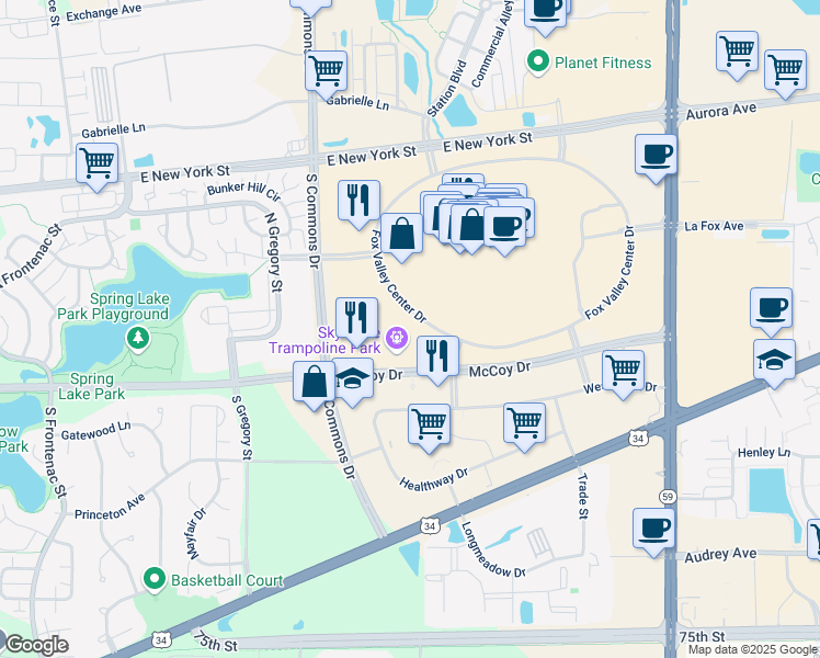map of restaurants, bars, coffee shops, grocery stores, and more near 87 Executive Drive in Aurora