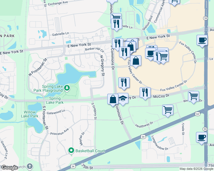 map of restaurants, bars, coffee shops, grocery stores, and more near 193 North Gregory Street in Aurora