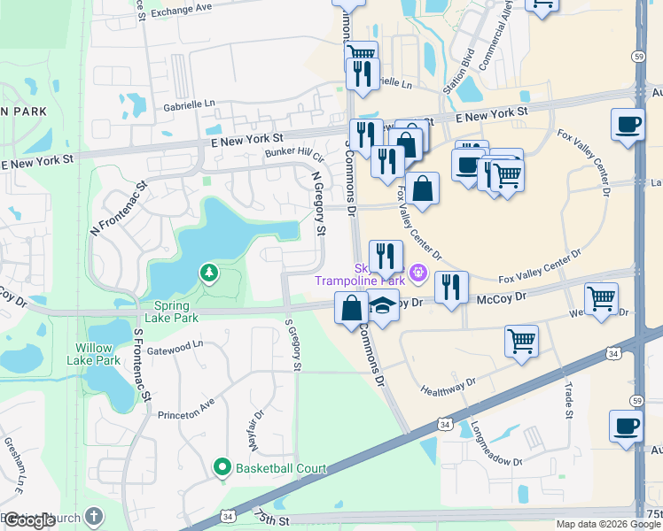 map of restaurants, bars, coffee shops, grocery stores, and more near 193 North Gregory Street in Aurora