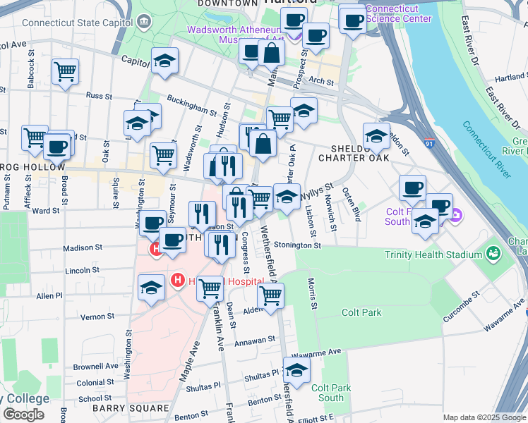 map of restaurants, bars, coffee shops, grocery stores, and more near 50 Main Street in Hartford