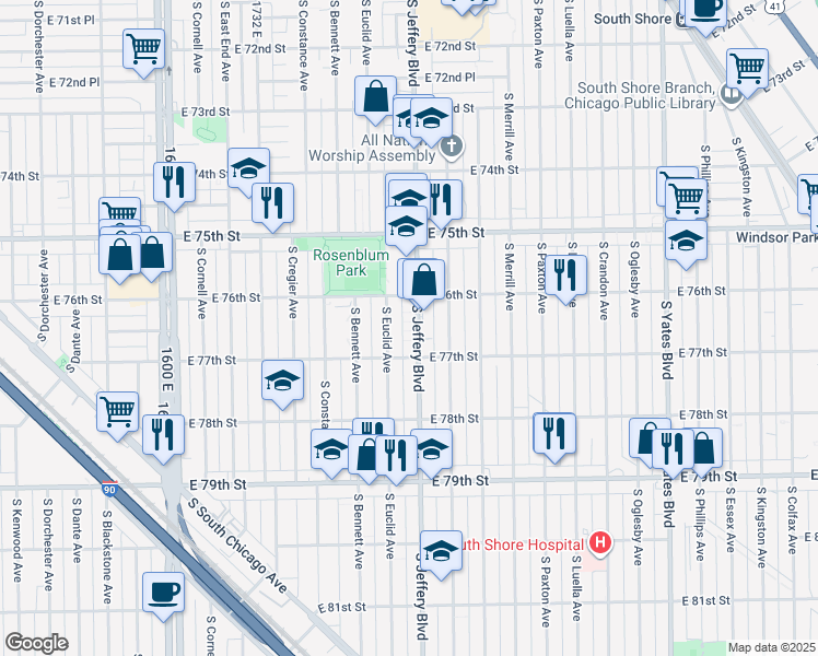 map of restaurants, bars, coffee shops, grocery stores, and more near 7652 South Jeffery Boulevard in Chicago