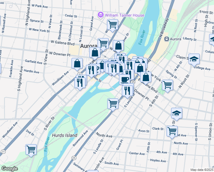 map of restaurants, bars, coffee shops, grocery stores, and more near 1 East Benton Street in Aurora