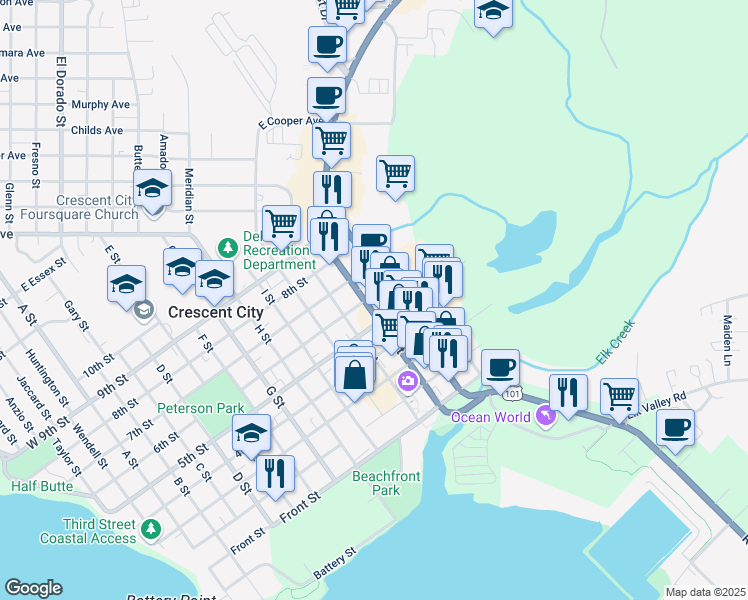map of restaurants, bars, coffee shops, grocery stores, and more near 503 L Street in Crescent City